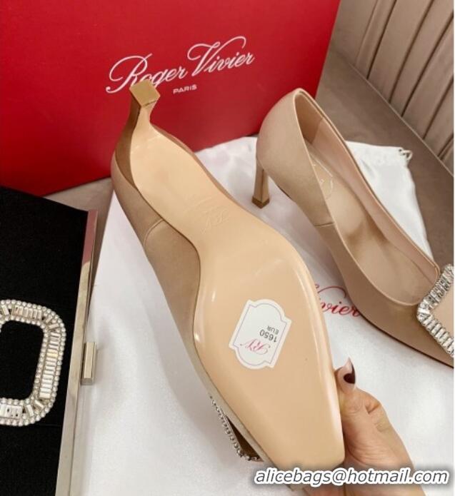 Top Grade Roger Vivier Satin Crystal Buckle Pumps 7cm Beige 022117