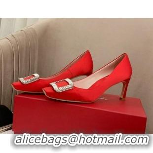 Luxury Roger Vivier Satin Crystal Buckle Pumps 7cm Red 022118