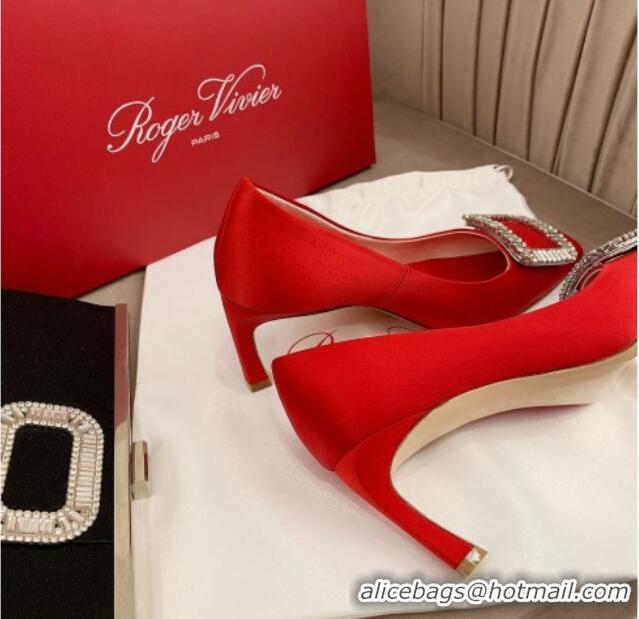 Luxury Roger Vivier Satin Crystal Buckle Pumps 7cm Red 022118