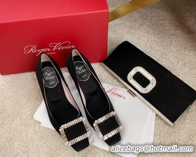 Good Looking Roger Vivier Satin Crystal Buckle Pumps 7cm Black 022119