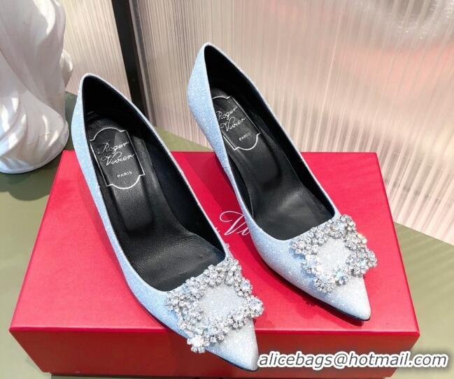 Best Grade Roger Vivier Satin Crystal Buckle Pumps 6.5cm Blue 022121