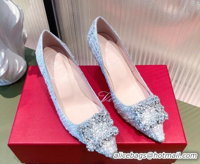 Good Quality Roger Vivier Tweed Crystal Buckle Pumps 6.5cm Blue 022128