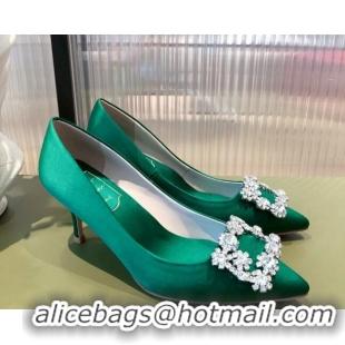 Luxurious Roger Vivier Satin Crystal Buckle Pumps 6.5cm Green 022130