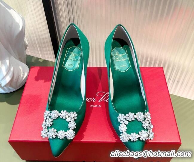 Luxurious Roger Vivier Satin Crystal Buckle Pumps 6.5cm Green 022130