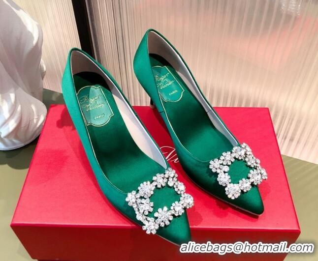 Luxurious Roger Vivier Satin Crystal Buckle Pumps 6.5cm Green 022130