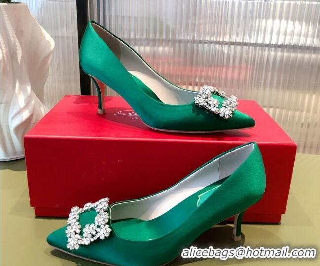 Luxurious Roger Vivier Satin Crystal Buckle Pumps 6.5cm Green 022130