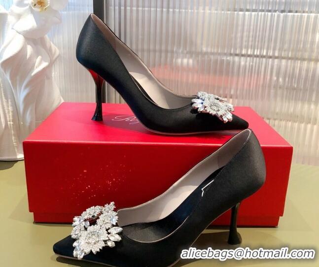 Good Quality Roger Vivier Satin Crystal Buckle Pumps 8.5cm Black 022130