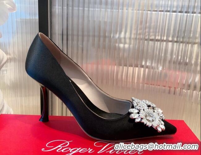 Good Quality Roger Vivier Satin Crystal Buckle Pumps 8.5cm Black 022130