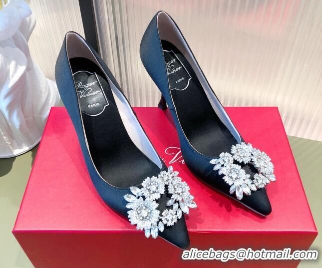 Good Quality Roger Vivier Satin Crystal Buckle Pumps 8.5cm Black 022130