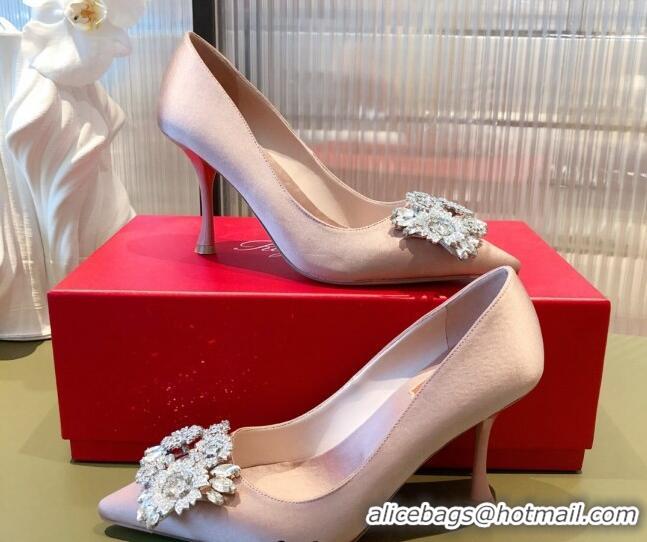 Durable Roger Vivier Satin Crystal Buckle Pumps 8.5cm Nude Pink 022131