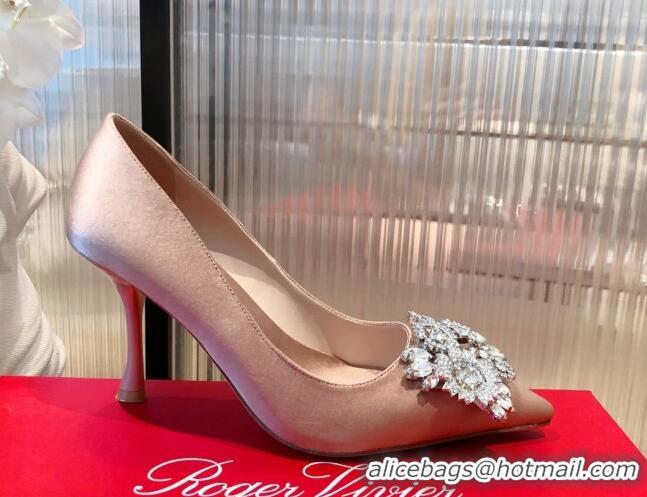 Durable Roger Vivier Satin Crystal Buckle Pumps 8.5cm Nude Pink 022131