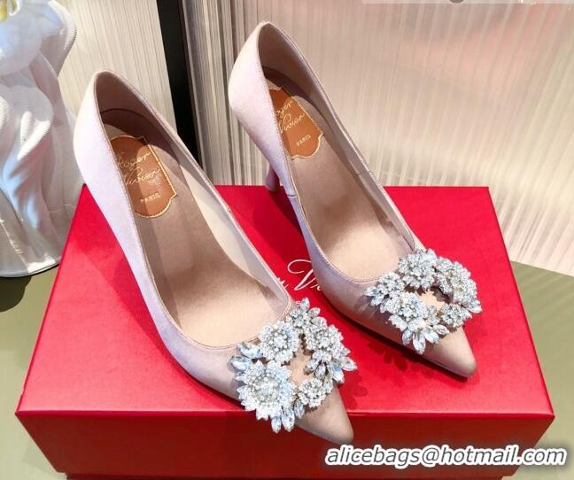 Durable Roger Vivier Satin Crystal Buckle Pumps 8.5cm Nude Pink 022131