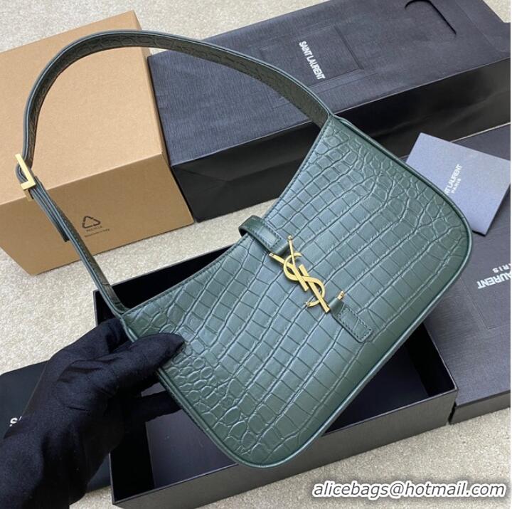 Famous Brand YSL LE 5 A 7 HOBO BAG IN CROCODILE-EMBOSSED SHINY LEATHER Y687228 blackish green