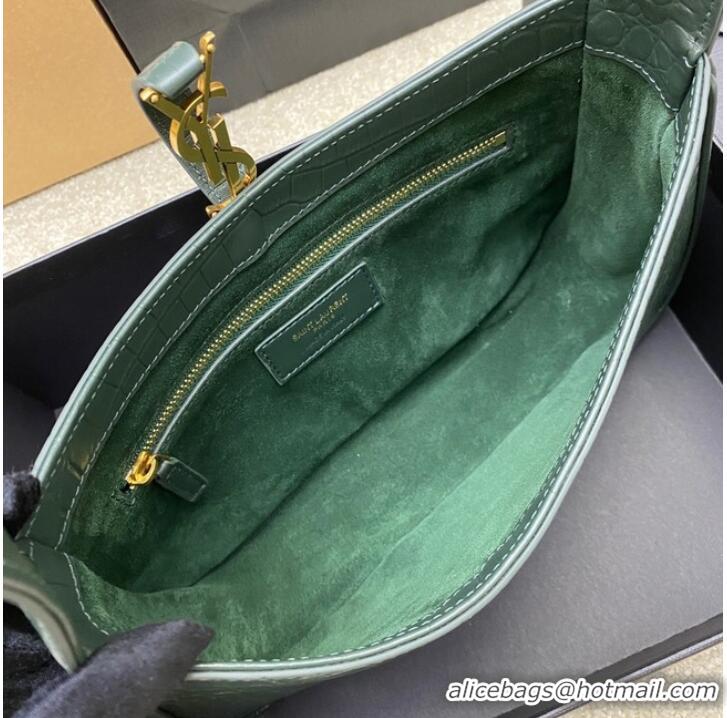 Famous Brand YSL LE 5 A 7 HOBO BAG IN CROCODILE-EMBOSSED SHINY LEATHER Y687228 blackish green