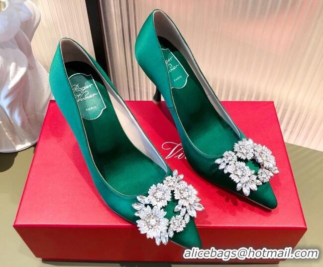 Unique Style Roger Vivier Satin Crystal Buckle Pumps 8.5cm Green 022133