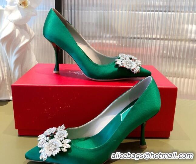 Unique Style Roger Vivier Satin Crystal Buckle Pumps 8.5cm Green 022133