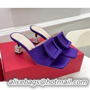 Best Price Roger Vivier Silk Cube Crystal Medium Heel Slide Sandals 7cm Purple 030749