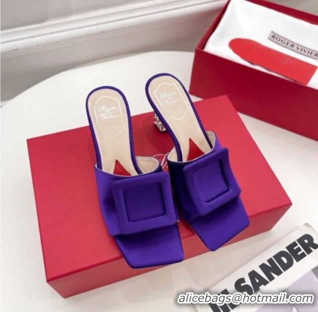 Best Price Roger Vivier Silk Cube Crystal Medium Heel Slide Sandals 7cm Purple 030749