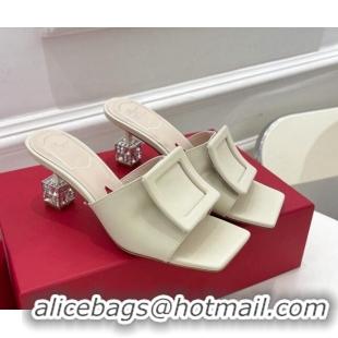 Stylish Roger Vivier Calf Leather Cube Crystal Medium Heel Slide Sandals 7cm White 030750