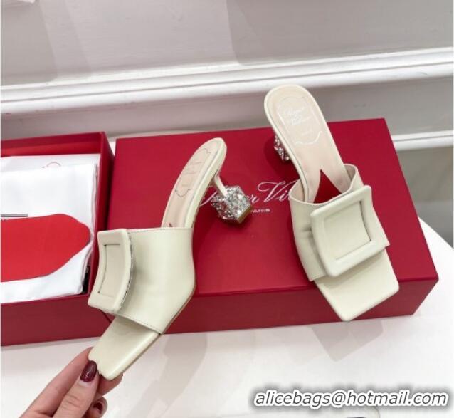 Stylish Roger Vivier Calf Leather Cube Crystal Medium Heel Slide Sandals 7cm White 030750