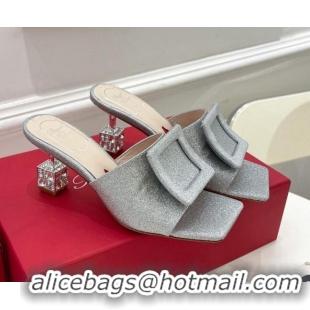 Best Price Roger Vivier Glitter Cube Crystal Medium Heel Slide Sandals 7cm Silver 030751