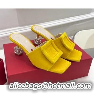 Top Quality Roger Vivier Velvet Cube Crystal Medium Heel Slide Sandals 7cm Yellow 030752