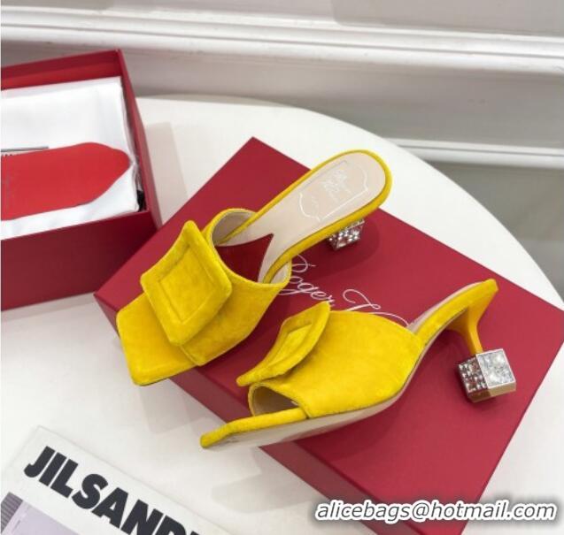 Top Quality Roger Vivier Velvet Cube Crystal Medium Heel Slide Sandals 7cm Yellow 030752