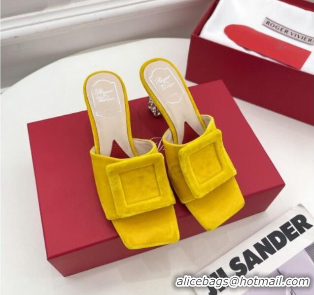 Top Quality Roger Vivier Velvet Cube Crystal Medium Heel Slide Sandals 7cm Yellow 030752