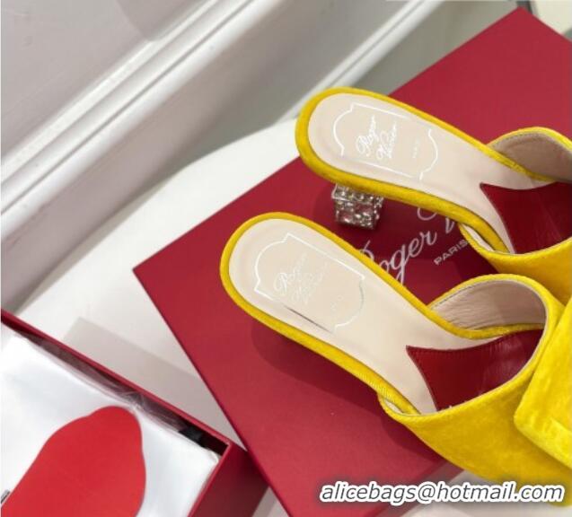 Top Quality Roger Vivier Velvet Cube Crystal Medium Heel Slide Sandals 7cm Yellow 030752