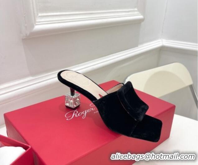 Reasonable Price Roger Vivier Velvet Cube Crystal Medium Heel Slide Sandals 7cm Black 030753