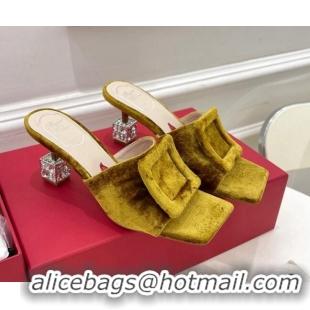 Top Quality Roger Vivier Velvet Cube Crystal Medium Heel Slide Sandals 7cm Gold 030754