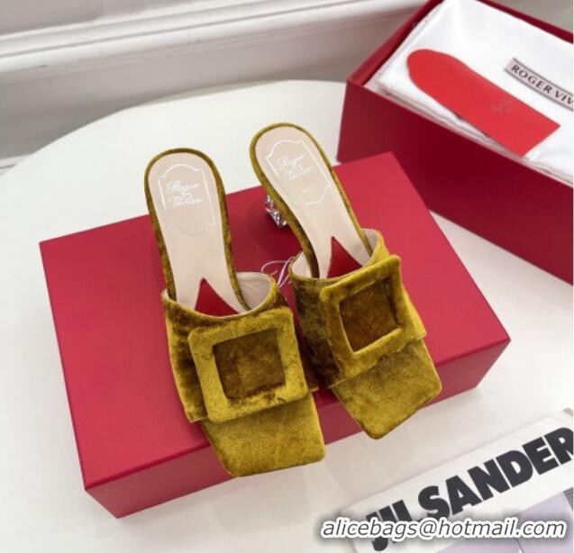 Top Quality Roger Vivier Velvet Cube Crystal Medium Heel Slide Sandals 7cm Gold 030754