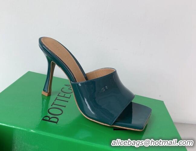 Perfect Bottega Veneta Stretch Patent Leather High Heel Slide Sandals 9cm Blaster Blue 021802