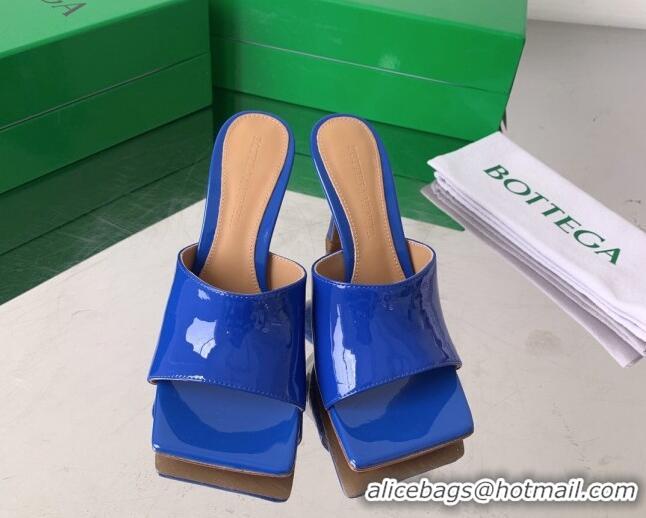 Perfect Bottega Veneta Stretch Patent Leather High Heel Slide Sandals 9cm Royal Blue 021811