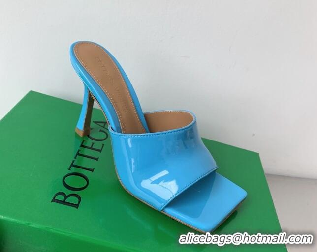 Discount Bottega Veneta Stretch Patent Leather High Heel Slide Sandals 9cm Sky Blue 021812