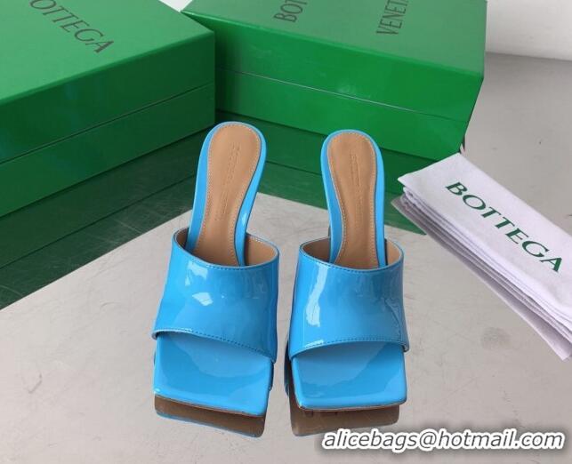 Discount Bottega Veneta Stretch Patent Leather High Heel Slide Sandals 9cm Sky Blue 021812