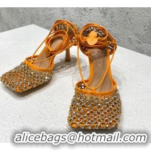 Low Price Bottega Veneta Sparkle Stretch Crystal Mesh Sandals 9cm Orange 032107