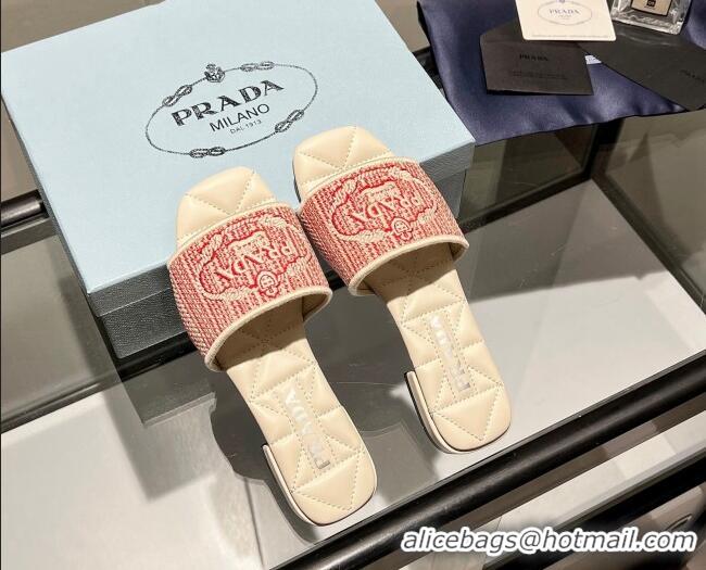 Luxurious Prada Fabric Flat Slide Sandals Red/Beige 032391