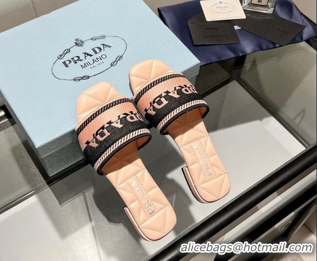 Super Quality Prada Fabric Flat Slide Sandals Pink/Black 032395