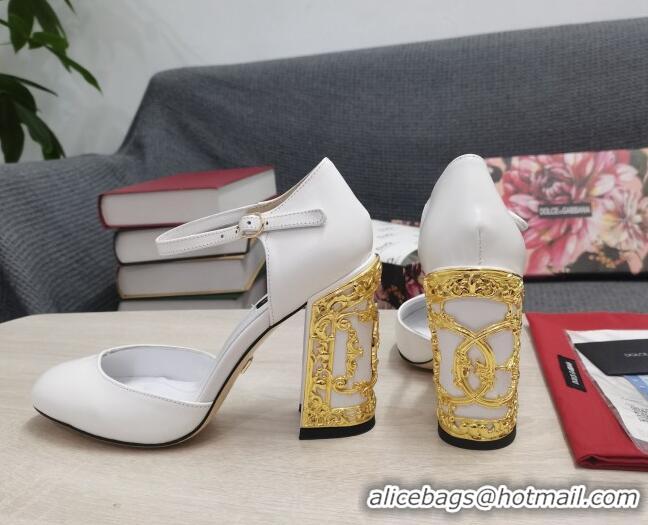 Top Quality Dolce & Gabbana Calf Leather High Heel Pumps 10.5cm with Metal Charm White 030553