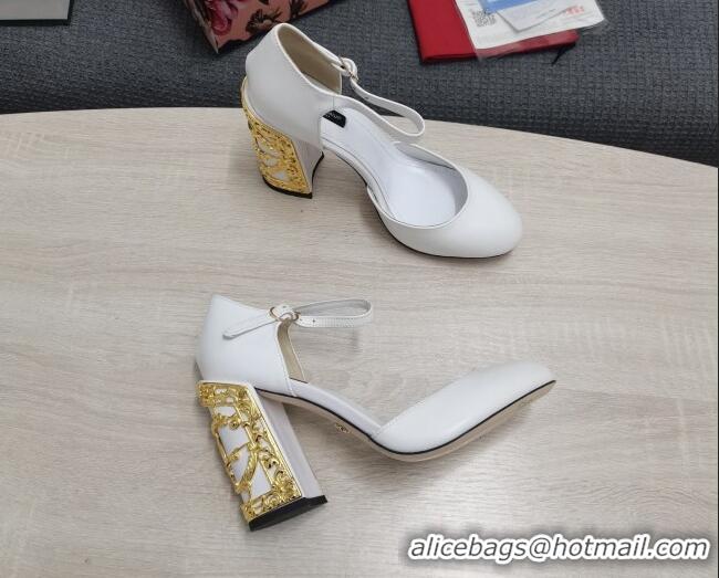 Top Quality Dolce & Gabbana Calf Leather High Heel Pumps 10.5cm with Metal Charm White 030553