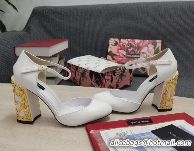 Top Quality Dolce & Gabbana Calf Leather High Heel Pumps 10.5cm with Metal Charm White 030553