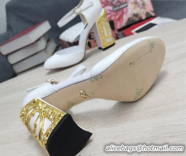 Top Quality Dolce & Gabbana Calf Leather High Heel Pumps 10.5cm with Metal Charm White 030553