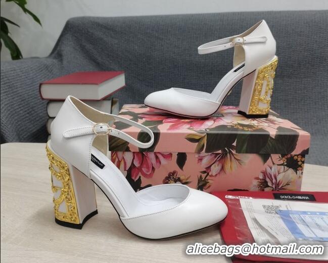 Top Quality Dolce & Gabbana Calf Leather High Heel Pumps 10.5cm with Metal Charm White 030553