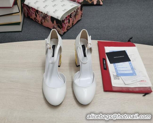 Top Quality Dolce & Gabbana Calf Leather High Heel Pumps 10.5cm with Metal Charm White 030553