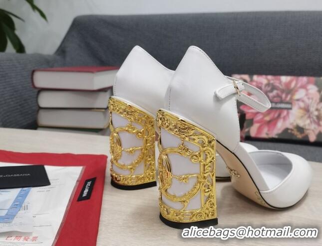 Top Quality Dolce & Gabbana Calf Leather High Heel Pumps 10.5cm with Metal Charm White 030553