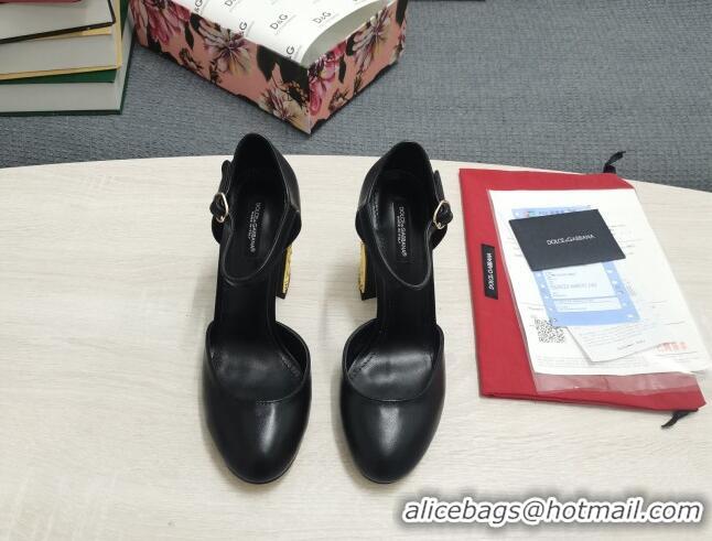 Super Quality Dolce & Gabbana Calf Leather High Heel Pumps 10.5cm with Metal Charm Black 030554