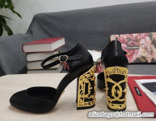 Super Quality Dolce & Gabbana Calf Leather High Heel Pumps 10.5cm with Metal Charm Black 030554