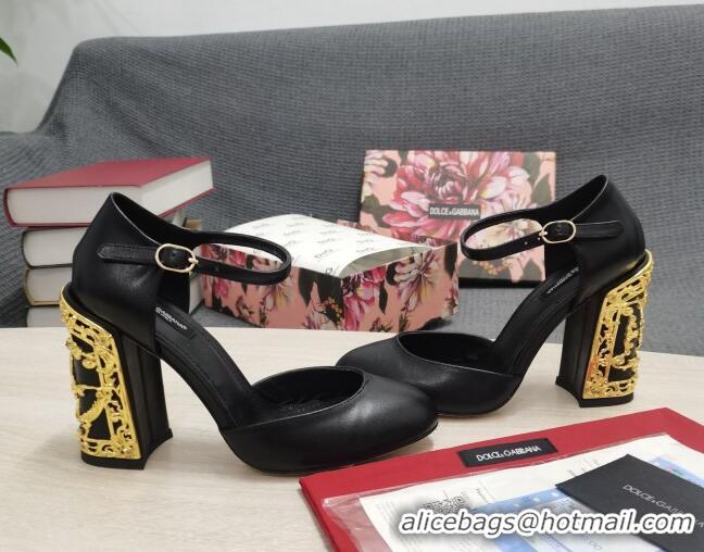 Super Quality Dolce & Gabbana Calf Leather High Heel Pumps 10.5cm with Metal Charm Black 030554