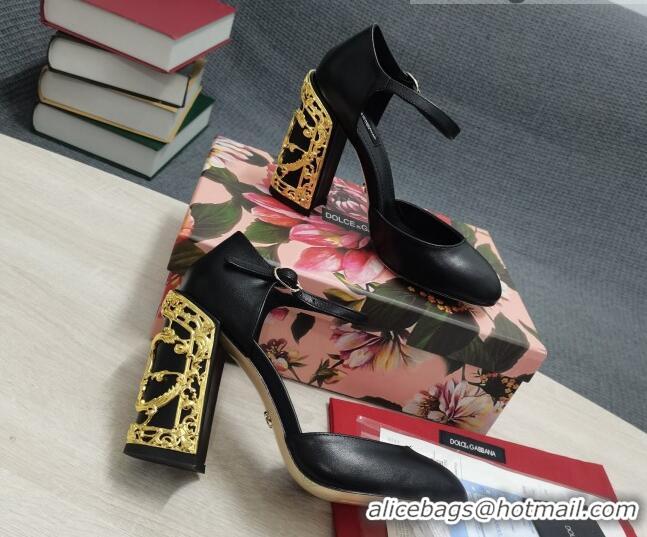 Super Quality Dolce & Gabbana Calf Leather High Heel Pumps 10.5cm with Metal Charm Black 030554